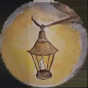 Watercolor of a lantern hanging from a branch