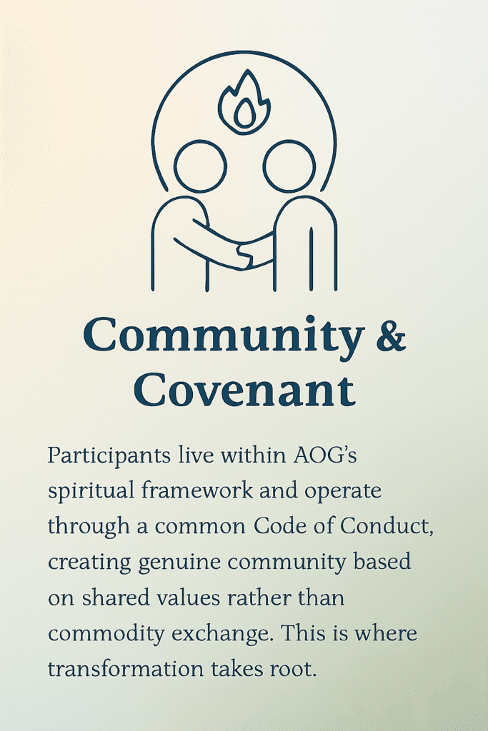 COMMUNITY-4-AOG Participants live within AOG's spiritual framework and operate through a common Code of Conduct, creating genuine community based on shared values rather than commodity exchange. This is where transformation takes root. | COMMUNITY & COVENANT